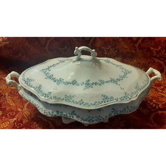 Antique Lidded Oval Tureen WH Grindley & Co Flow Blue Aldine Pattern - Picture 12 of 12